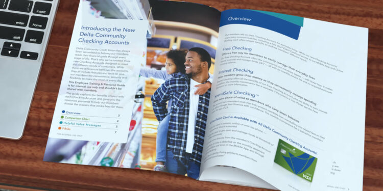 Inside spread of the DCCU employee training guide, showing the introduction to Delta Community checking accounts and it's overview