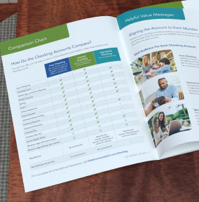 Inside page of the DCCU employee training guide showing a checking accounts comparison chart