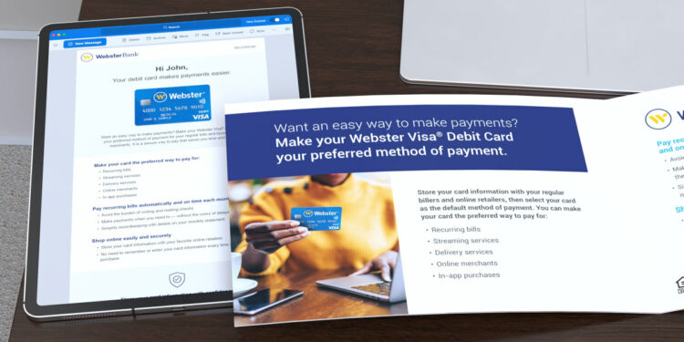 A Webster Bank email in outlook shown on an iPad with an open Webster self-mailer
