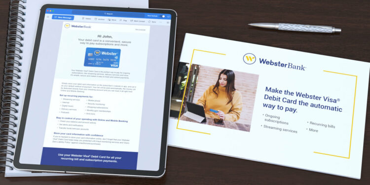 A Webster email displayed on an iPad next to the front cover of a Webster self-mailer