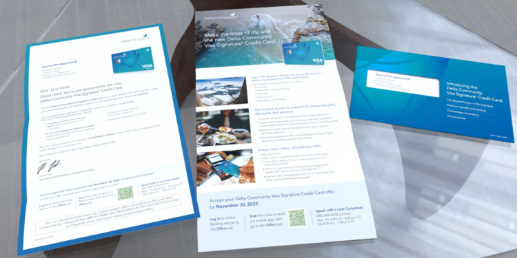 Visa DCCU direct mail including an open 3-panel brochure, a letter and envelope