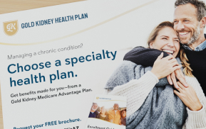 Cover panel of a Gold Kidney self-mailer with the headline, 