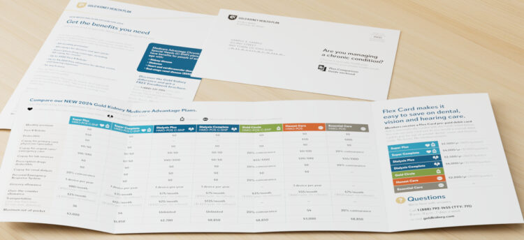 A Gold Kidney direct mail package including a letter, envelope, and a benefits guide brochure