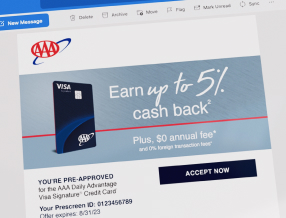 AAA email with headline featuring up to 5% cash back on AAA Daily Advantage Visa Signature Credit Card