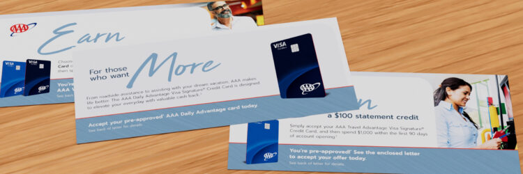 3 different AAA statement inserts all with differentiating graphics and headlines promoting the Visa Daily and Travel Credit Cards