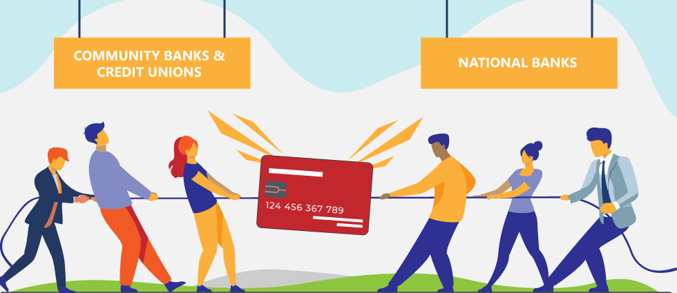 Illustration of individuals representing community banks and credit unions playing tug of war with individuals representing national banks. There's a credit card in the middle of the rope, symbolizing competition for cardholders.