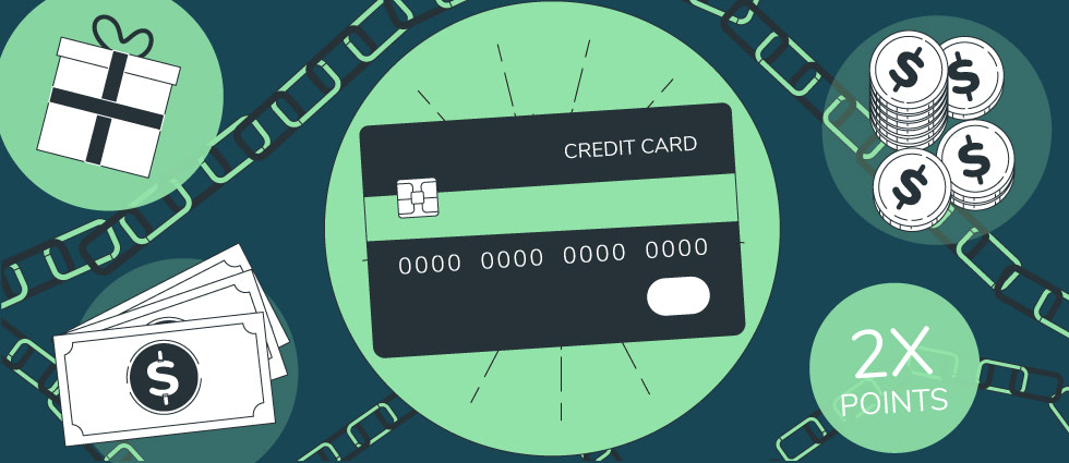 Illustration of a credit card inside a green circle surrounded by symbols that represent spending, shopping and saving opportunities.