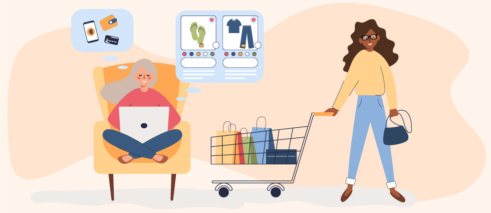 Illustration of two female figures representing consumers. One sits in a chair shopping on a laptop. The other has a shopping cart full of purchases.