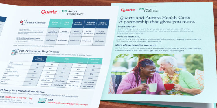Inside spread of a Quartz brochure showing charts of different Medicare benefits, next to it a different panel with more information from the same brochure