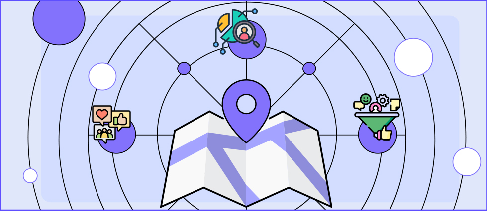 Illustration of a stylized map with a location pin at the center, surrounded by icons representing consumer engagement, marketing funnels, and data insights, all connected by concentric digital rings. The image visually conveys how digital strategies can help regional health plans and ROI efforts by aligning outreach, personalization, and member targeting.