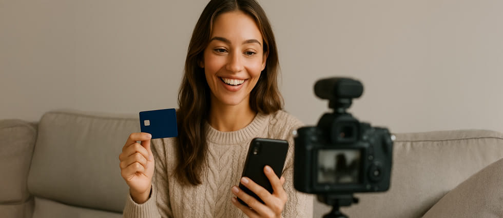 Image of a woman in front of a camera holding a credit card, depicting the use of influencer marketing in financial services