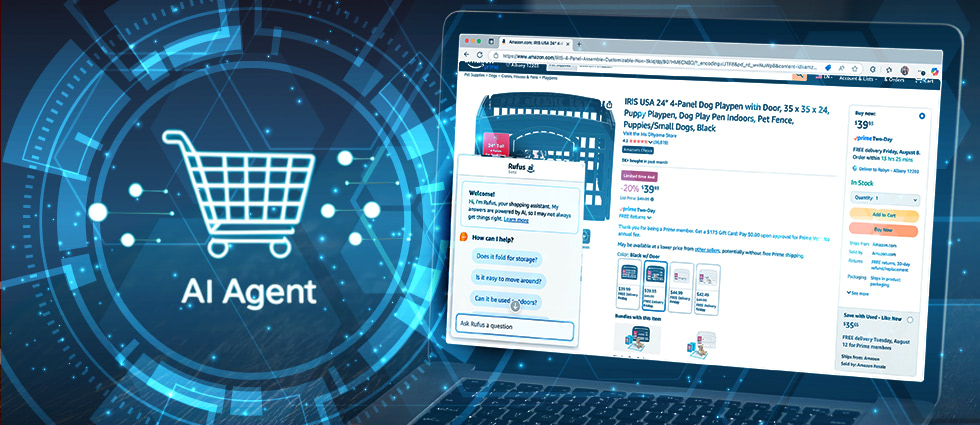 A futuristic digital illustration showing an AI-powered e-commerce concept. On the left side is a glowing blue circular interface with a white shopping cart icon at the center, surrounded by concentric rings of light and digital elements, with the text 'AI Agent' below the cart. The background features a dark blue technological pattern with circuit-like lines and light effects. On the right side is a laptop computer displaying what appears to be an online shopping website, showing product listings that look like pet supplies or dog products with pricing and product details. The overall design suggests artificial intelligence integration in online retail and shopping experiences.
