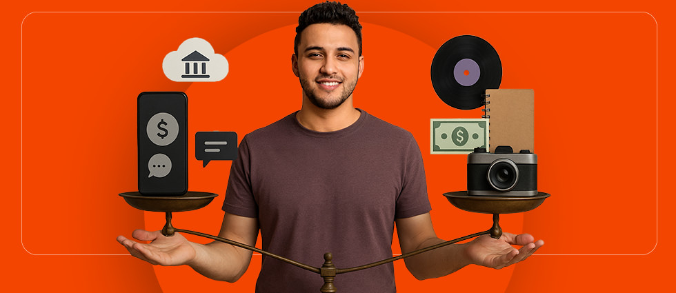 A man in a maroon shirt stands with his arms out to his side, bent at the elbows. There are icons surrounding him that represent the return to in-person, analog experiences. The background is orange.