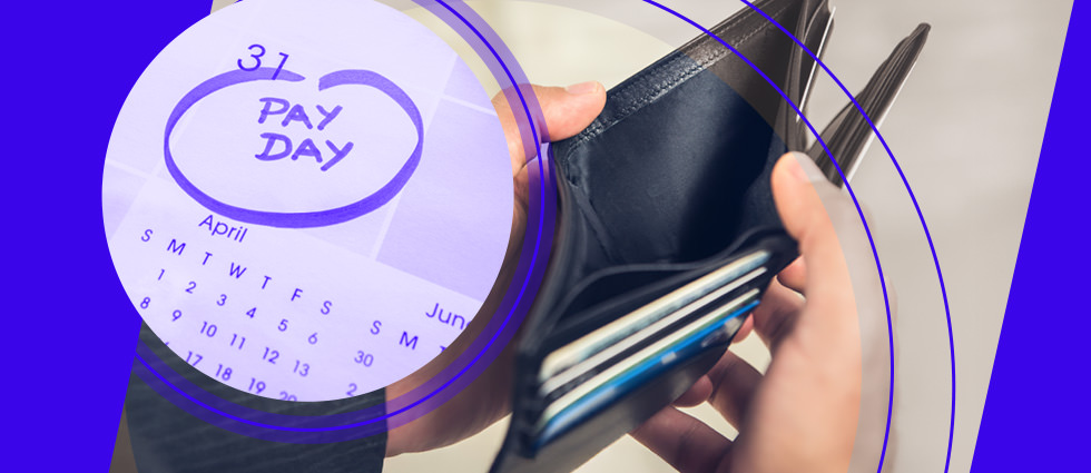A photograph showing a person's hand holding an open black leather wallet containing several cards, with a semi-transparent purple calendar overlay. The calendar shows months April through June, with '31 PAY DAY' circled in purple on what would be April 31st. Concentric purple circles create a focal point effect around the calendar and wallet.