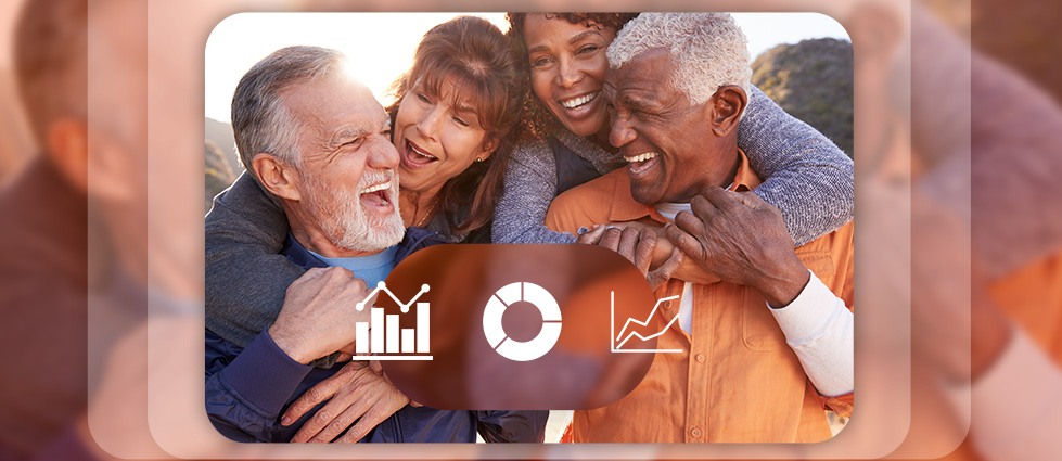 Four older adults laughing and hugging together outdoors, with data chart icons overlaid on the image.
