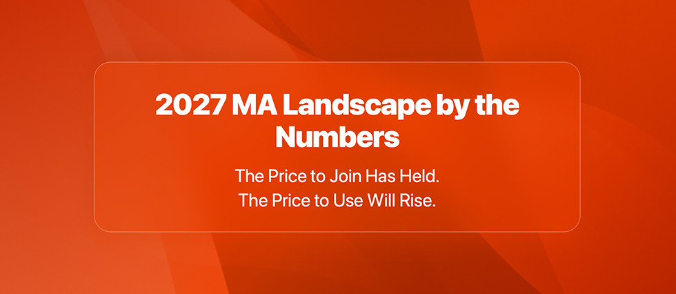A graphic with the text: 2027 MA Landscape by the Numbers. The Price to Join Has Held. The Price to Use Will Rise.